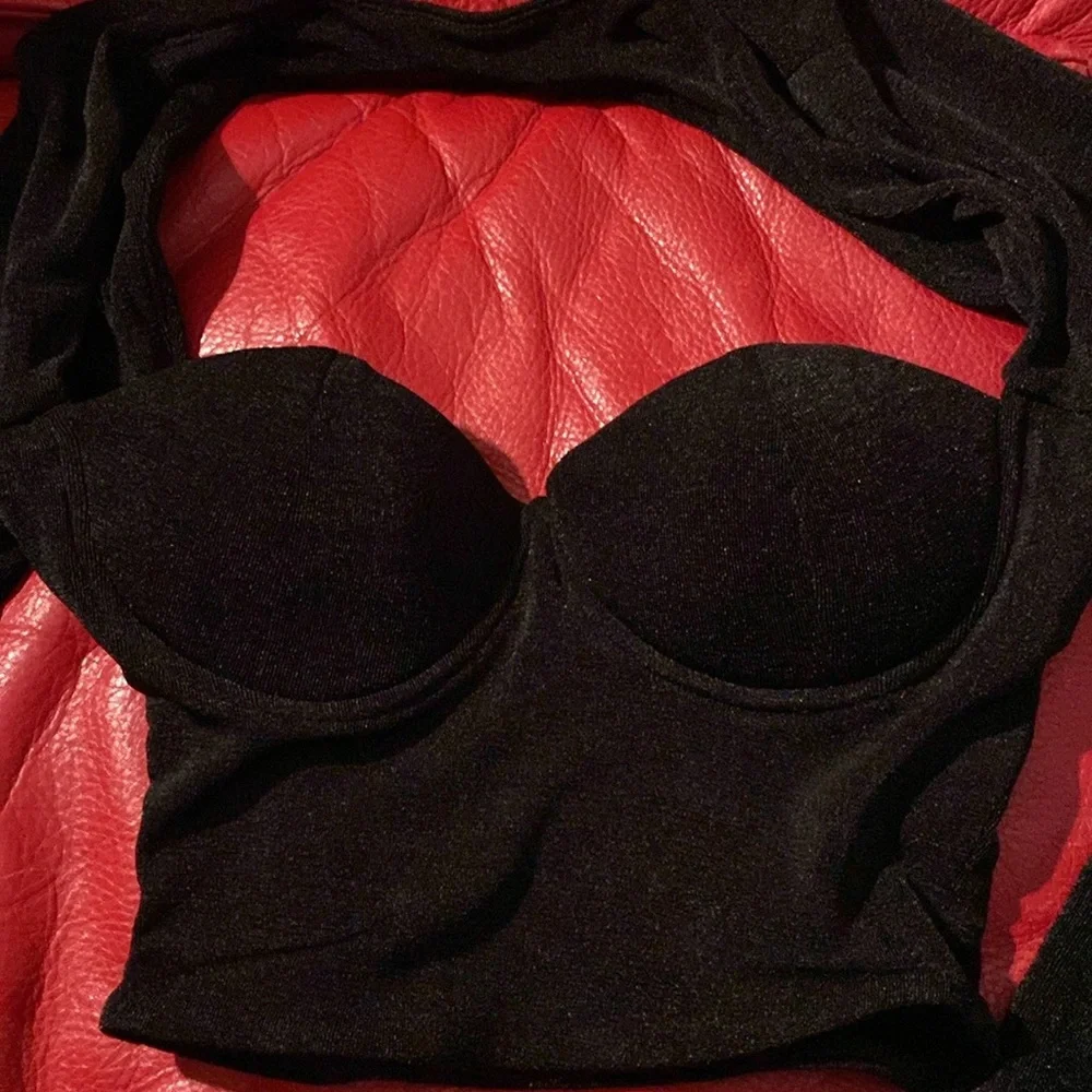 SER.O.YA Quincey Long Sleeve Crop Top in Black Shimmer